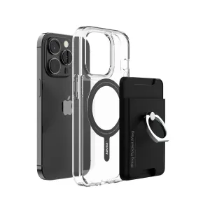 Accessoire magnétique pour téléphone iRing Pocket Mag avec coque transparente et support à anneau à côté d’un smartphone noir
