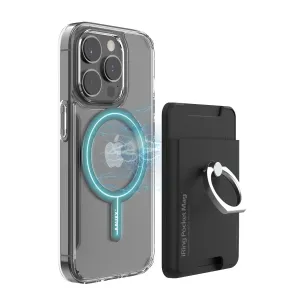 Support magnétique pour téléphone et porte-cartes iRing Pocket Mag présenté avec un smartphone dans une coque transparente