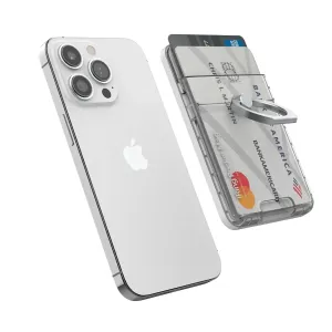 Porte-cartes transparent iRing Pocket Mag avec support annulaire, présenté à côté d’un smartphone