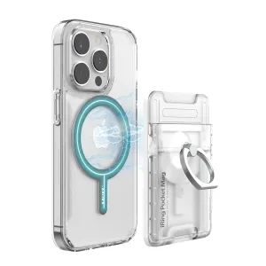 Accessoire magnétique transparent iRing Pocket Mag pour coque de téléphone, avec anneau de maintien et support, présenté avec une pièce assortie détachable.