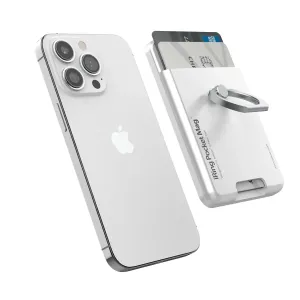 iRing Pocket Mag soporte magnético para tarjetas y teléfono en plateado, mostrado con dos tarjetas junto a un smartphone