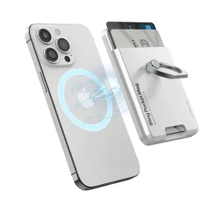 iRing Pocket Mag portatarjetas magnético y soporte para el teléfono acoplado a un smartphone blanco, con una tarjeta insertada