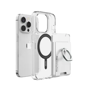 iRing Pocket Mag soporte magnético para teléfono con tarjetero y soporte, mostrado con teléfono y funda transparente