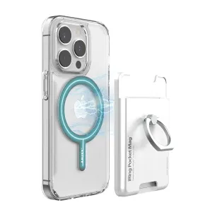 iRing Pocket Mag soporte magnético para teléfono con tarjetero y soporte, mostrado con funda transparente MagSafe