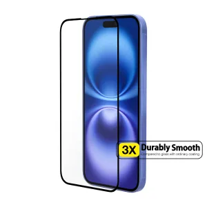 Just Mobile Xkin tempered glass screen protector for iPhone 16 Plus, shown with clear fit and rounded corners