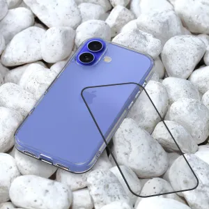 Just Mobile Xkin tempered glass screen protector for iPhone 16 Plus shown beside a clear case on a purple iPhone