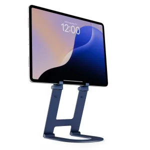 Twelve South Curve Mini hopfällbart surfplattestativ i Coastal Blue, som håller en iPad upprätt mot en vit bakgrund