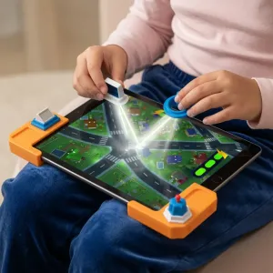 Play Shifu Tacto: Lasertablet-Spiel mit orangefarbenen Eckrahmen und beweglichen Spielfiguren bei einem Lichtstrahl-Rätsel.