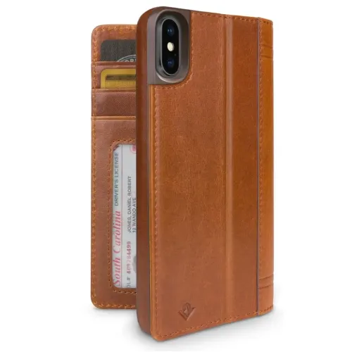 Funda tipo folio de cuero Twelve South para iPhone XR, con ranuras para tarjetas y ventana para identificación, mostrada abierta y cerrada