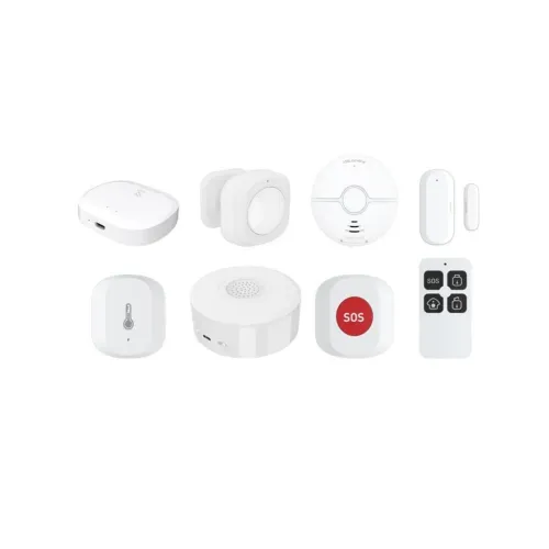 Composants de l’alarme domestique WOOX Security Kit Pro, avec capteurs, sirène, bouton SOS et télécommande