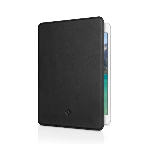 Étui en cuir Twelve South SurfacePad pour iPad mini 5, présenté sous la forme d’un folio noir fin aux coins arrondis.