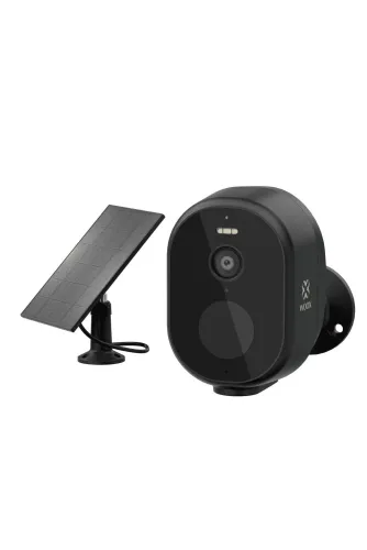 kit de cámara inalámbrica inteligente para exteriores WOOX con panel solar, cámara de seguridad negra y soporte para vigilancia exterior