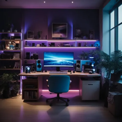 Lite Bulb Moments RGB LED-lysstripe rundt et skrivebordsoppsett på hjemmekontor med lilla og blå glød
