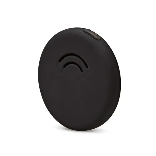 Localizador adhesivo negro Orbit para llaves y bolsos, presentado como un localizador Bluetooth ovalado y compacto.