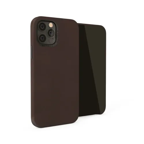 Pipetto rudas magnetinis odinis dėklas, skirtas iPhone 12 Pro Max, parodytas atverstas su telefonu viduje