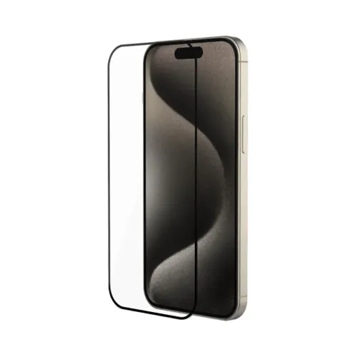 Just Mobile Xkin skjermbeskytter for iPhone 15 Pro Max med tynn svart ramme på hvit studiobakgrunn