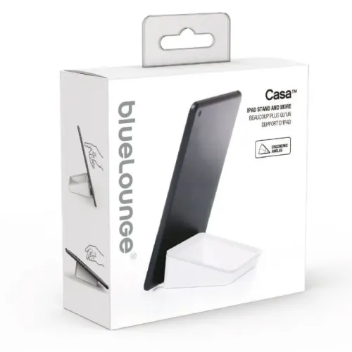 Caja de venta al público del soporte para tablet Bluelounge Casa con ilustración del soporte para tablet en ángulo y detalles del producto