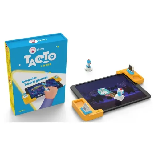 Play Shifu Tacto Laser edukacinio žaidimo rinkinys su dėžute, planšetiniu kompiuteriu ir žaidimo detalėmis baltame fone