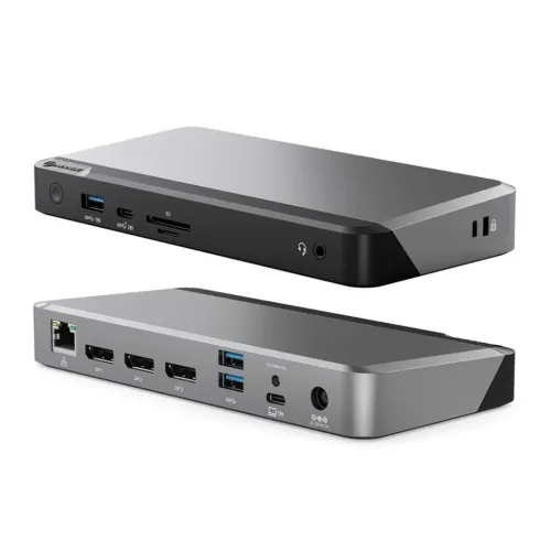 Station d’accueil universelle ALOGIC PRIME MX3 en gris sidéral et noir, présentée avec plusieurs ports et connexions pour trois écrans.