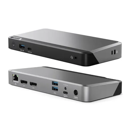 Station d’accueil universelle ALOGIC PRIME MX2 en gris sidéral avec des ports USB-C, USB-A, DisplayPort, Ethernet et audio