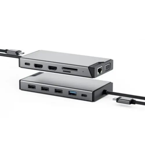 Hub USB-C à triple affichage Alogic DV3 en gris sidéral, avec ports HDMI, Ethernet et USB-A et câble attaché