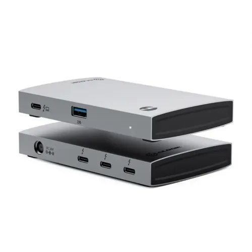 Concentrateur compact ALOGIC Thunderbolt 4 BLAZE en gris sidéral, présenté avec des ports USB-C, USB-A et d’alimentation