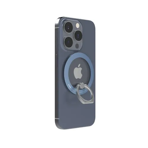 iRing Mag MagSafe soporte con agarre acoplado a la parte trasera de un iPhone azul oscuro con anillo circular y soporte plateado plegable