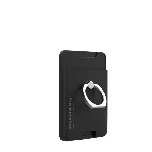 iRing Pocket Mag agarradera magnética para teléfono con tarjetero y soporte de anillo plateado en negro mate