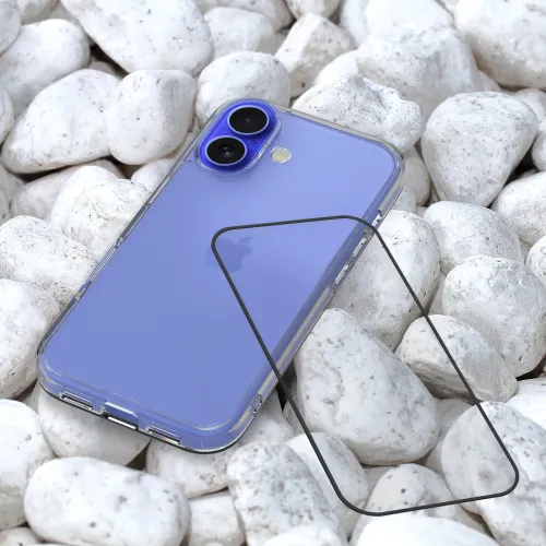 Just Mobile Xkin tempered glass screen protector for iPhone 16 Plus shown beside a clear case on a purple iPhone