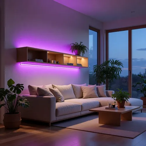 Lite Bulb Moments älykäs vedenpitävä WiFi-LED-nauha, joka hohtaa purppuranpinkkinä olohuoneen hyllyn alla