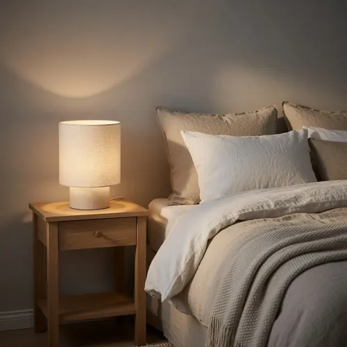 Lite Bulb Moments E14-Smartlampe in einer Nachttischlampe, die warmes Umgebungslicht neben einem Bett ausstrahlt.