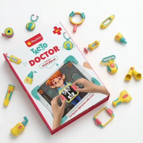 PlayShifu Tacto Doctor interaktyvi gydytojo žaidimo rinkinio dėžutė su medicininės tematikos žaislinėmis detalėmis baltame fone